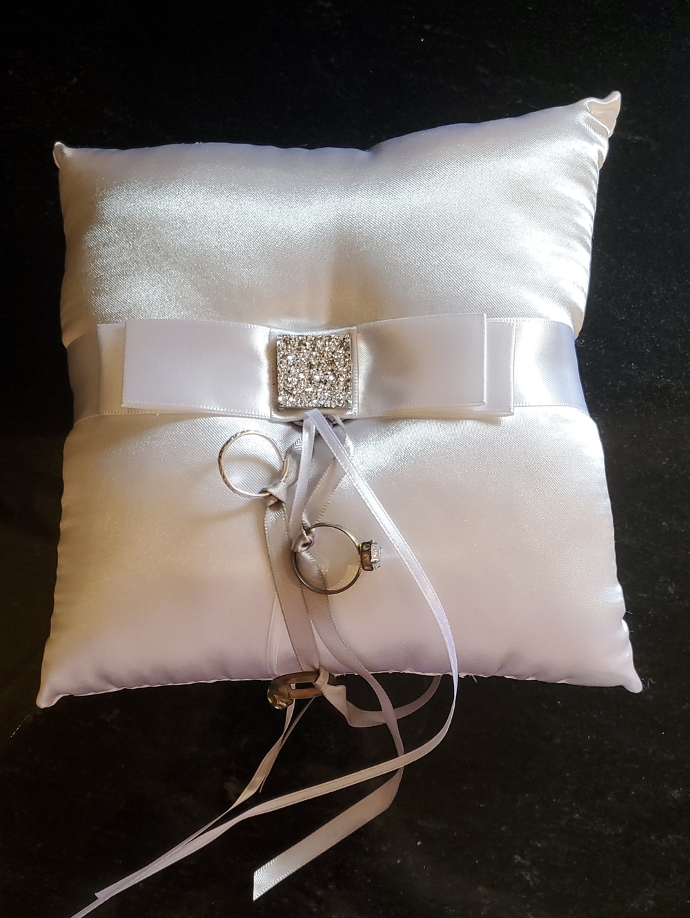 White Satin Ring Bearer Pillow with Rhinestone Accent